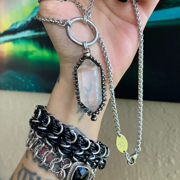 Natural Crystal quartz black electroplated boho goth stainless steel necklace - Picture 14 of 14